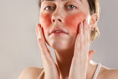 A young woman holds her hands to her reddened, inflamed rosacea cheeks. Copy space.