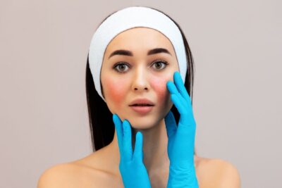 Portrait of a Young Beautiful Woman in Protective Gloves, Touches Face with Couperose on Cheeks. Rosacea and Skin Irritation Concept